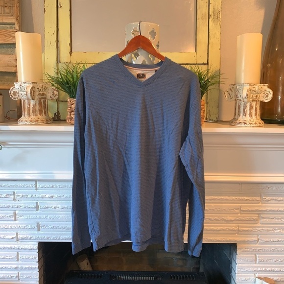 Left Coast Tee Blue Gray Striped V-Neck Men’s Long Sleeve 100% Cotton Tee XL - Picture 2 of 7